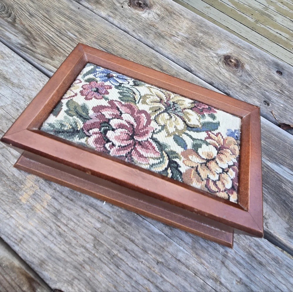 Vintage Floral Tapestry Wooden Jewelry Box
